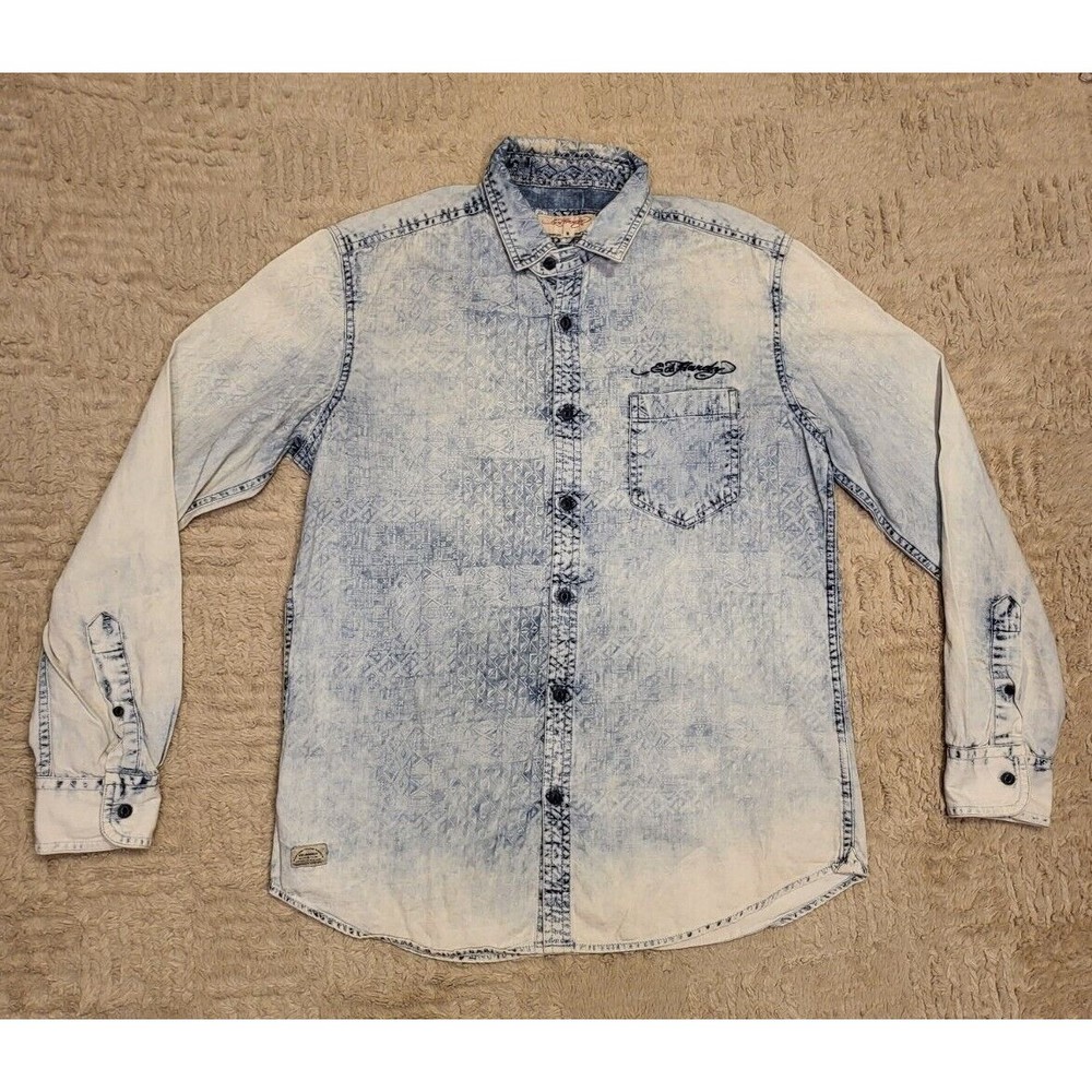 Ed Hardy Shirt Men's Medium Blue Denim Long Sleeve Button Up Embroidered Logo